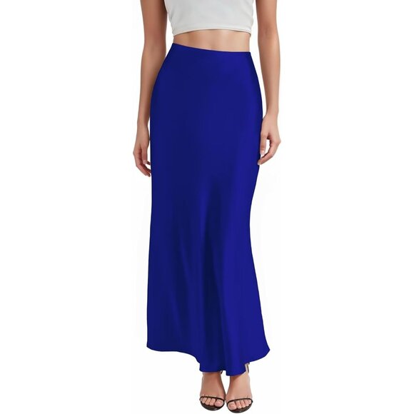 Womens Roya Blue Silky Satin Fabric Stretch High Waist Casual Pull On Maxi Skirt